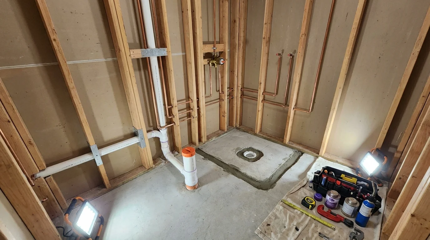 Bathroom rough-in plumbing during remodel by Johns Plumbing LLC in Marlow