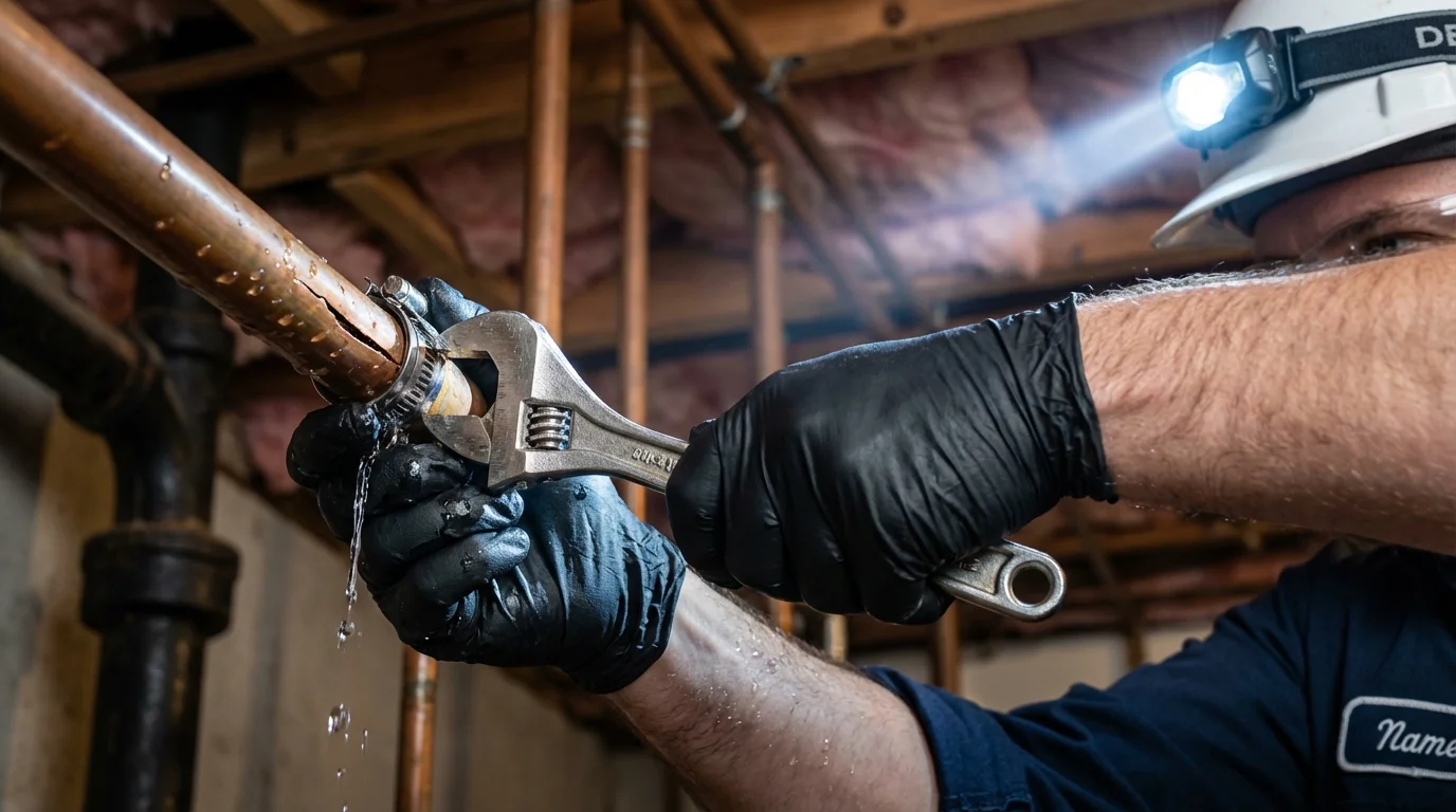 Emergency pipe clamp repair being performed by a Johns Plumbing LLC plumber in Marlow