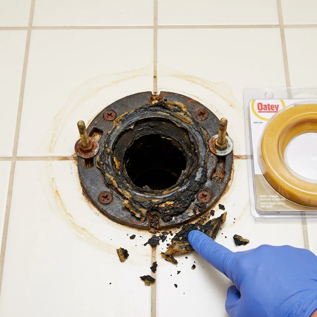 Failed wax ring showing water seepage at the base of a toilet in a Marlow, OK home