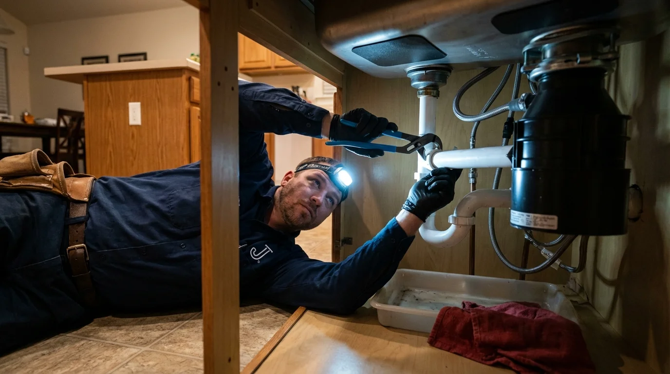 P-trap and supply line connections under a kitchen sink showing a common leak point in Marlow, OK